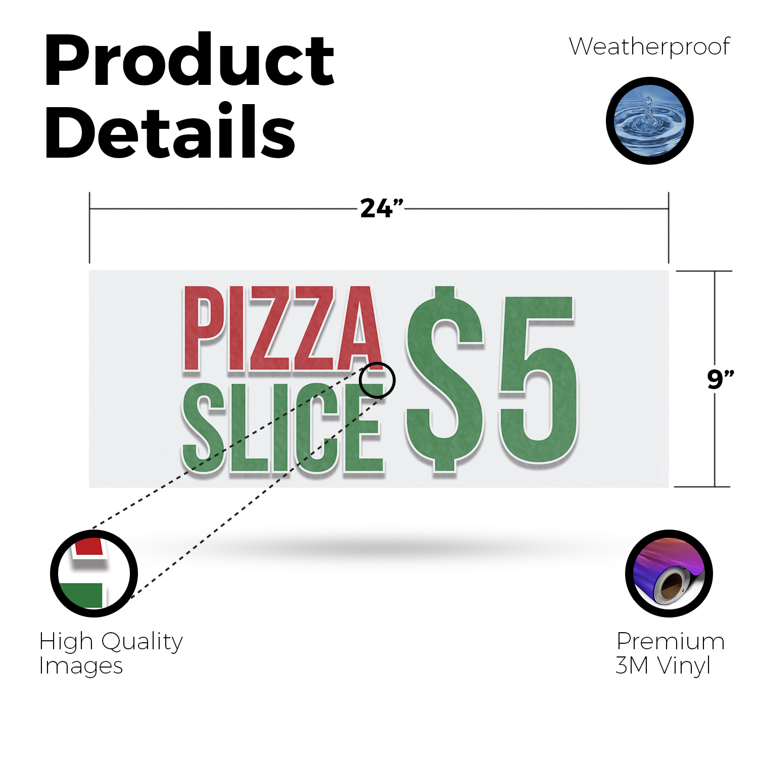 Pizza Slice $5 Vinyl Decal Premium Ingredients Quick Service Delicious Meals
