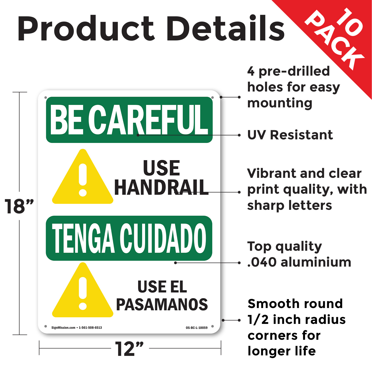 Use Handrail With Symbol Bilingual OSHA Be Careful Sign Or Decal - 5 or 10 Pack - Picture 10 of 51
