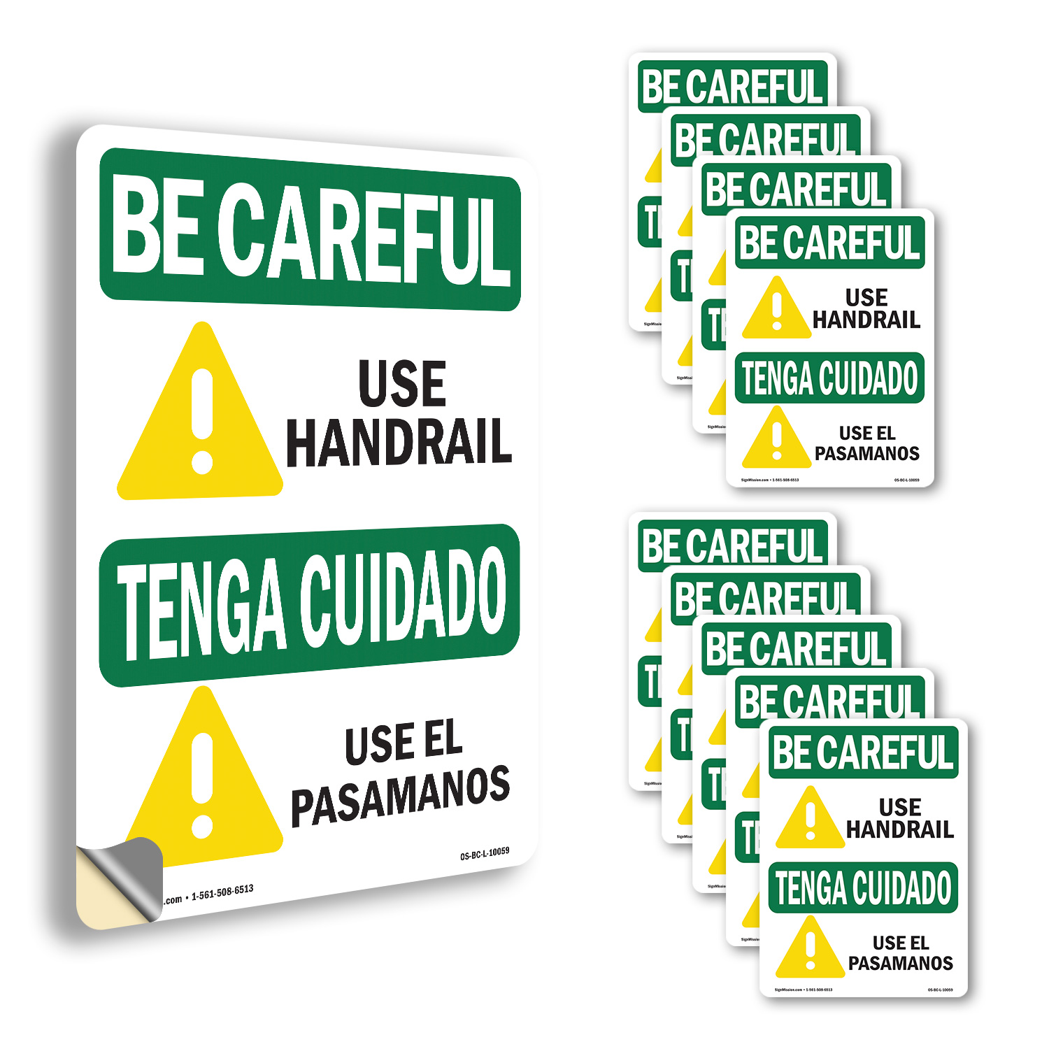 Use Handrail With Symbol Bilingual OSHA Be Careful Sign Or Decal - 5 or 10 Pack - Picture 12 of 51