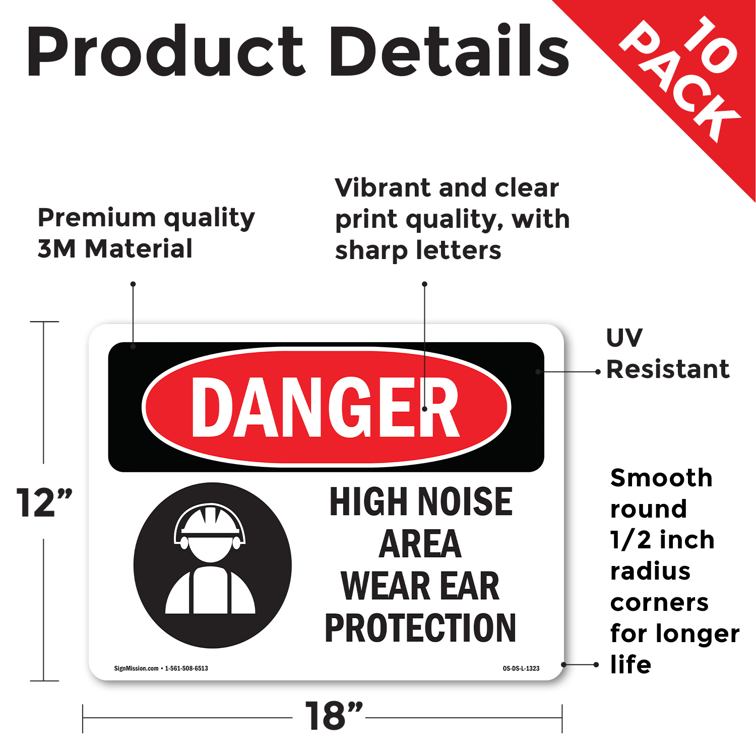 High Noise Area Wear Ear Protection OSHA Danger Sign Or Decal - 5 or 10 Pack - Picture 11 of 48
