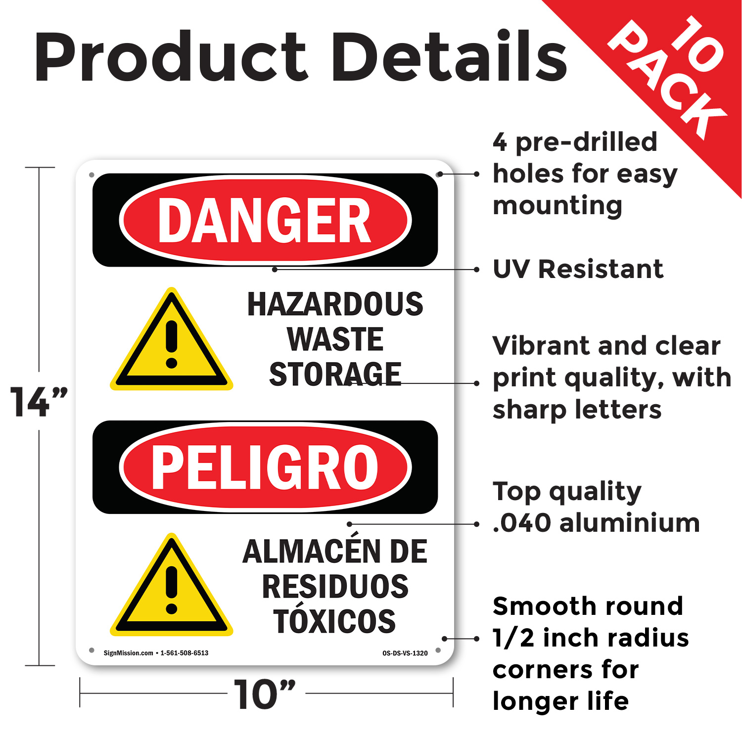 Hazardous Waste Storage Bilingual OSHA Danger Sign Metal, Decal - 5 or 10 Pack - Picture 9 of 43