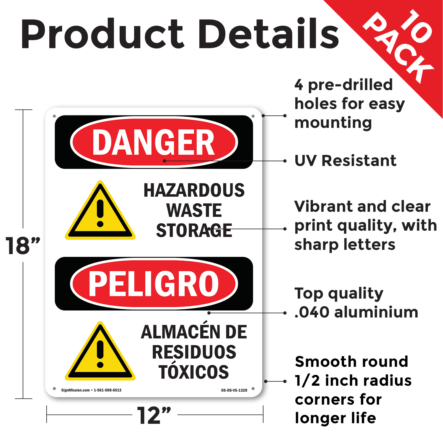 Hazardous Waste Storage Bilingual OSHA Danger Sign Metal, Decal - 5 or 10 Pack - Picture 10 of 43