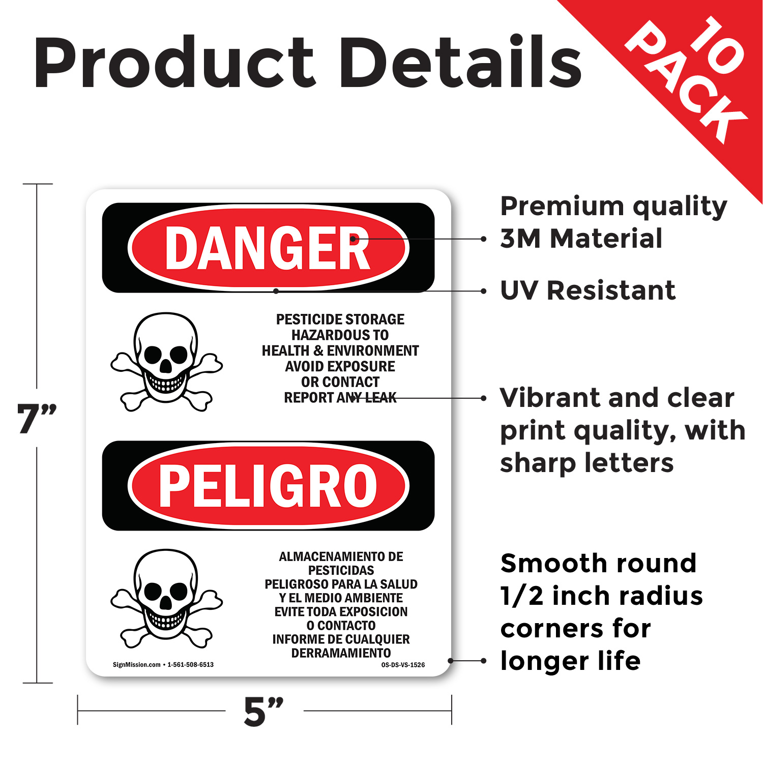 Pesticide Storage Hazardous Bilingual OSHA Danger Sign Or Decal - 5 or ...