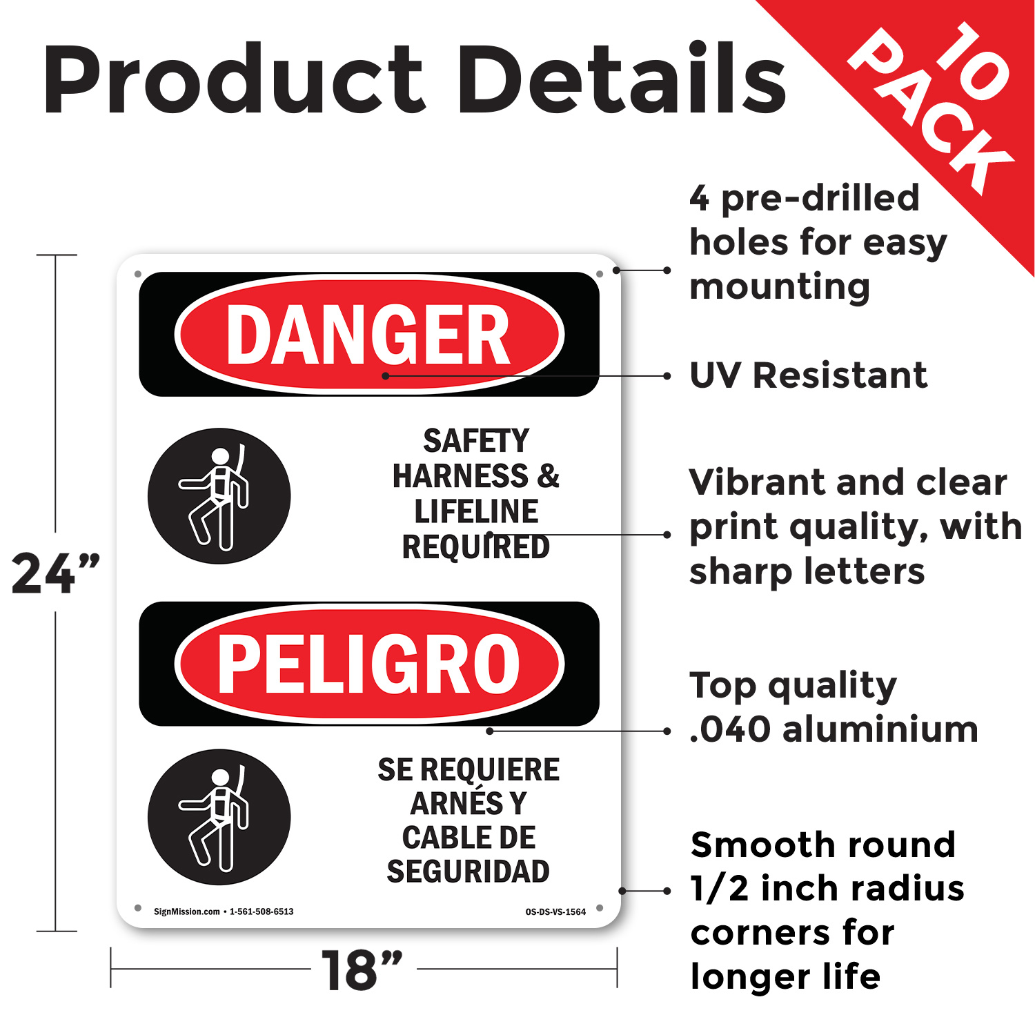 Safety Harness And Lifeline Required Bilingual OSHA Danger Sign - 5 or 10 Pack - Picture 11 of 43