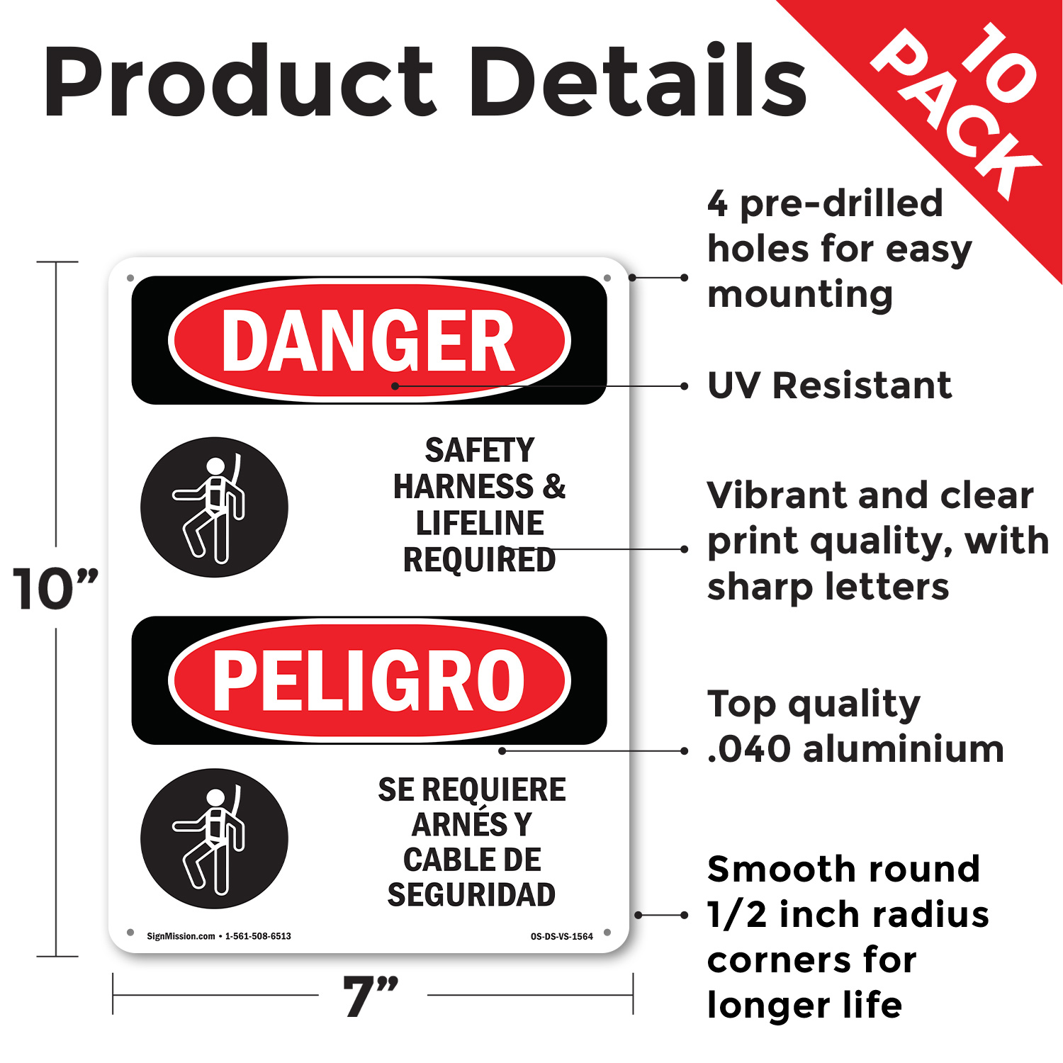 Safety Harness And Lifeline Required Bilingual OSHA Danger Sign - 5 or 10 Pack - Picture 9 of 43