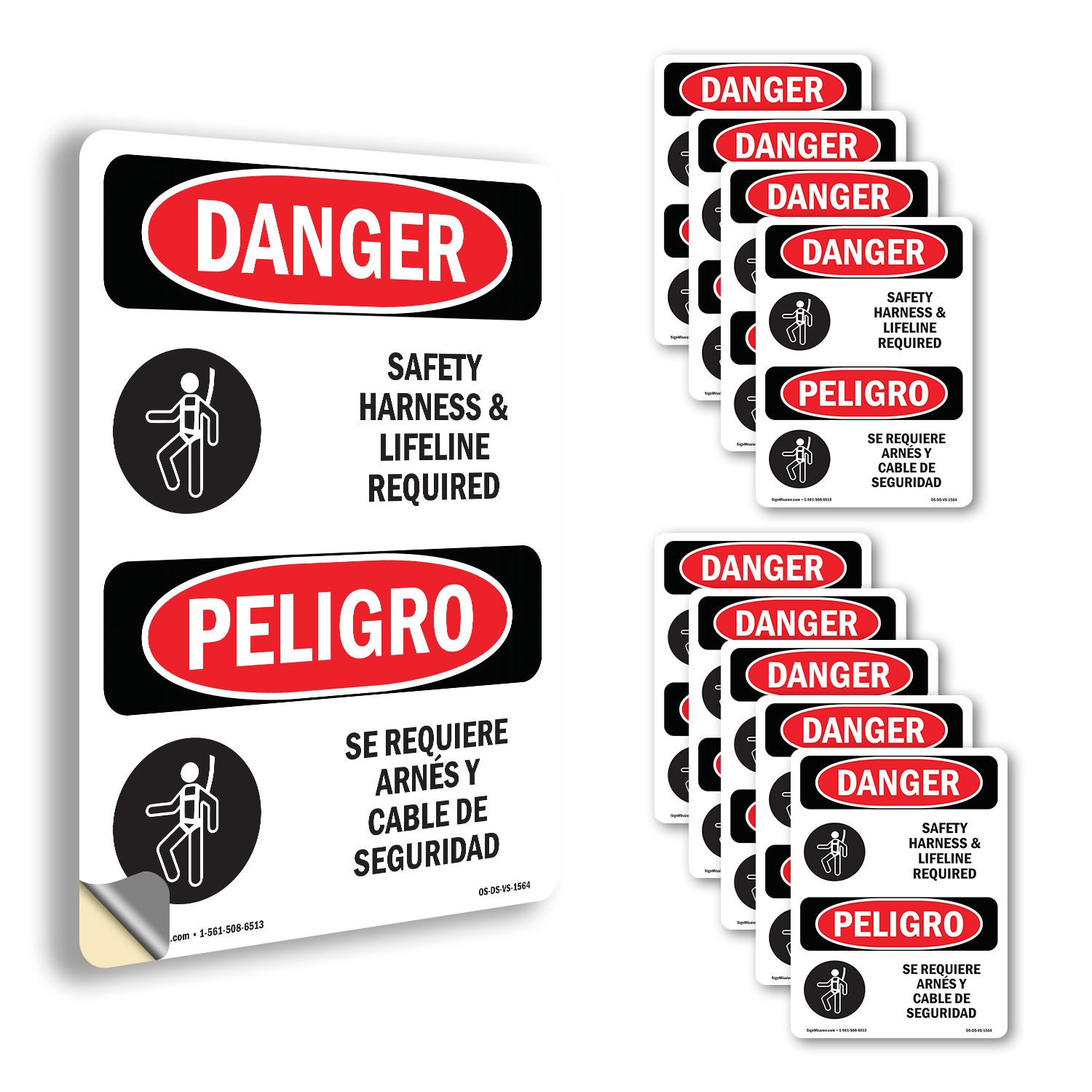 Safety Harness And Lifeline Required Bilingual OSHA Danger Sign - 5 or 10 Pack - Picture 12 of 43