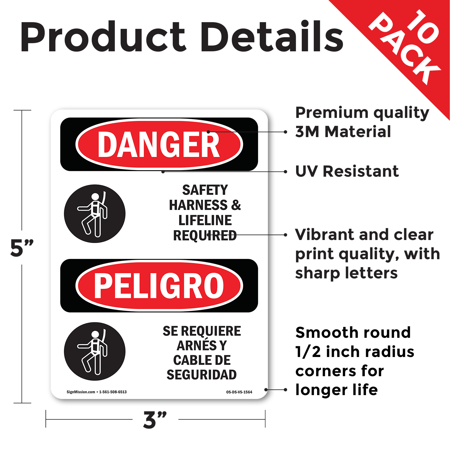 Safety Harness And Lifeline Required Bilingual OSHA Danger Sign - 5 or 10 Pack - Picture 13 of 43