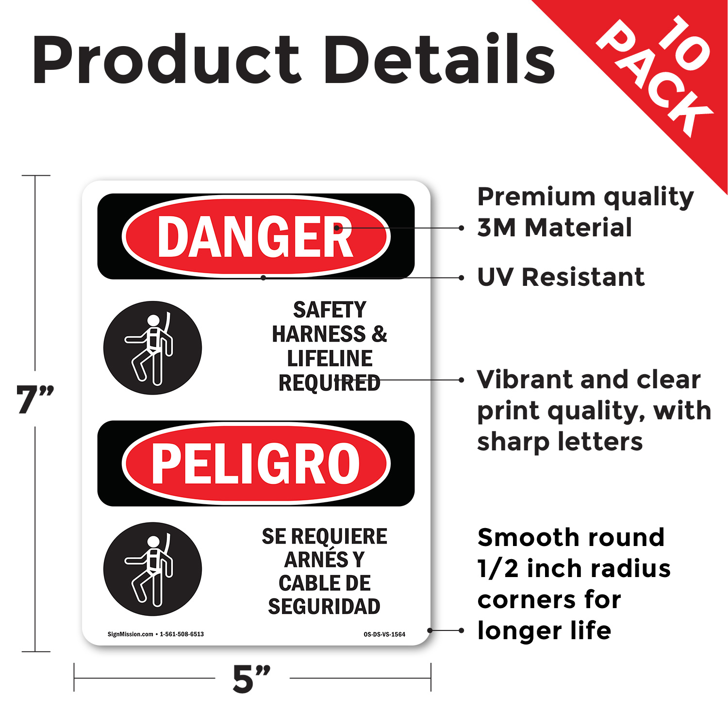 Safety Harness And Lifeline Required Bilingual OSHA Danger Sign - 5 or 10 Pack - Picture 19 of 43