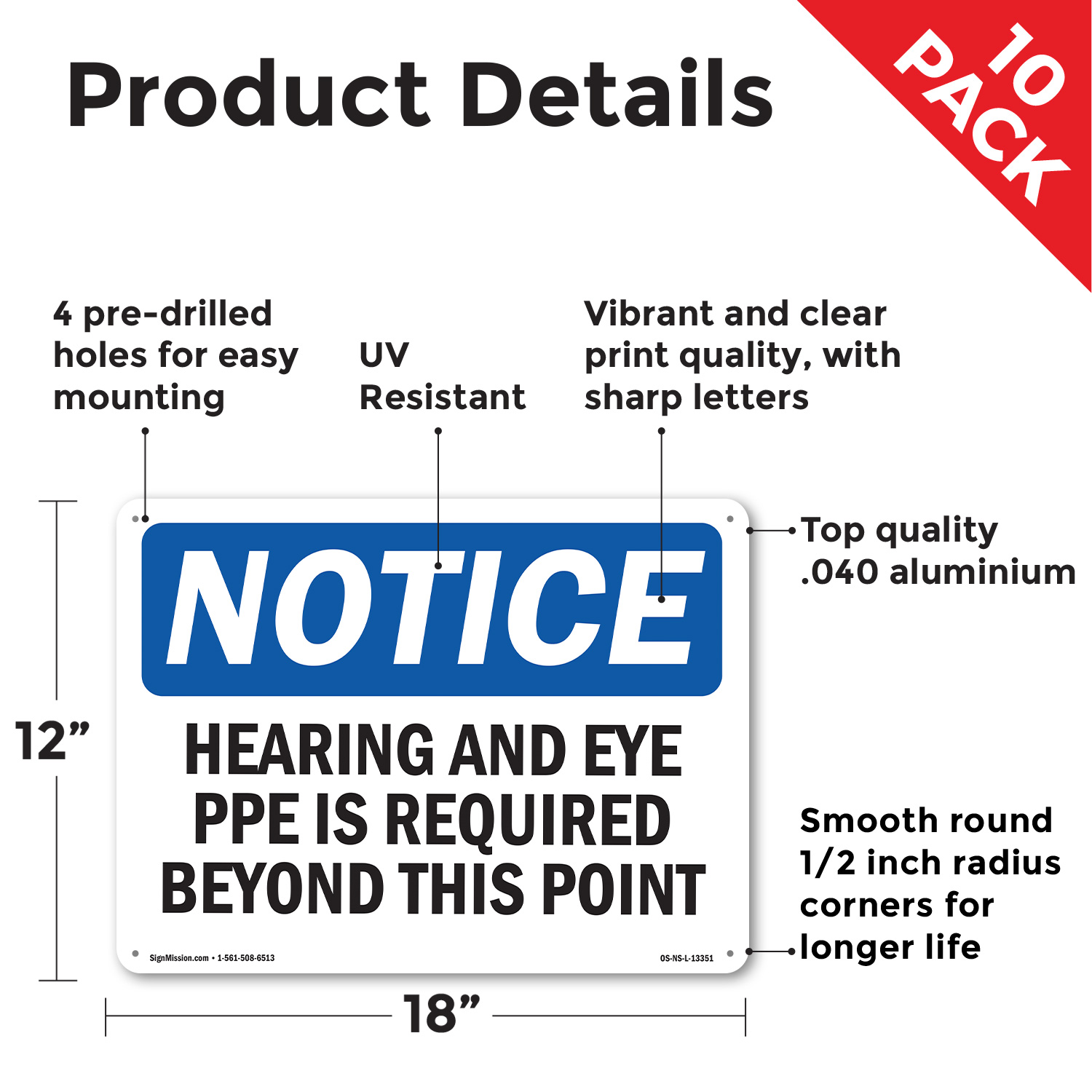 Hearing & Eye PPE Is Required Beyond This Point OSHA Notice Sign - 5 or 10 Pack