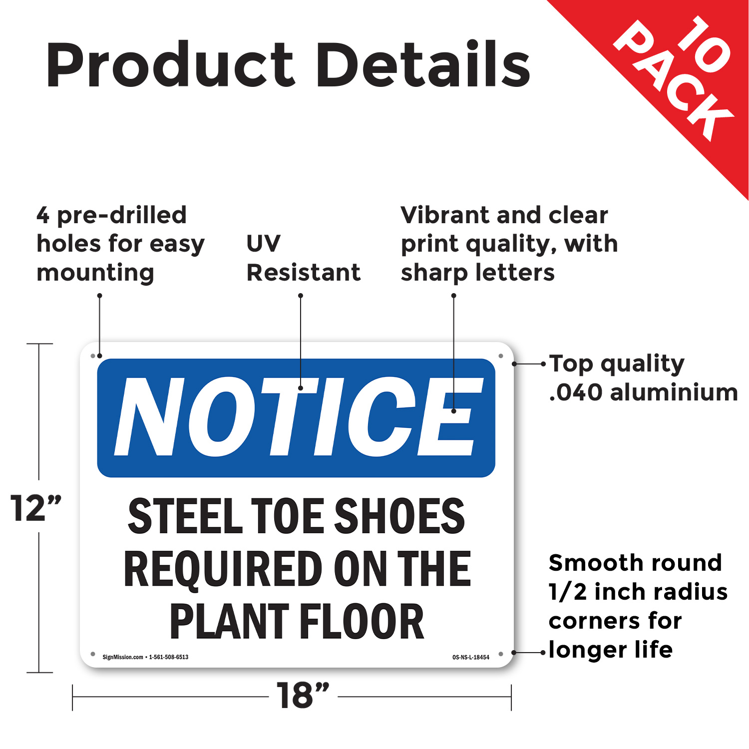 Steel Toe Shoes Required On The Plant Floor OSHA Notice Sign, Decal 5 or 10 Pack