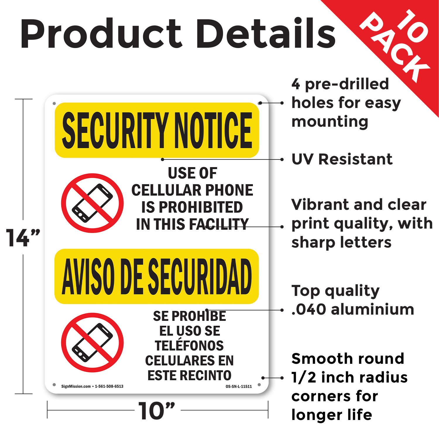 Cellular Phone Prohibited Bilingual OSHA Security Notice Sign, Decal 5/10 Pack - Picture 8 of 68