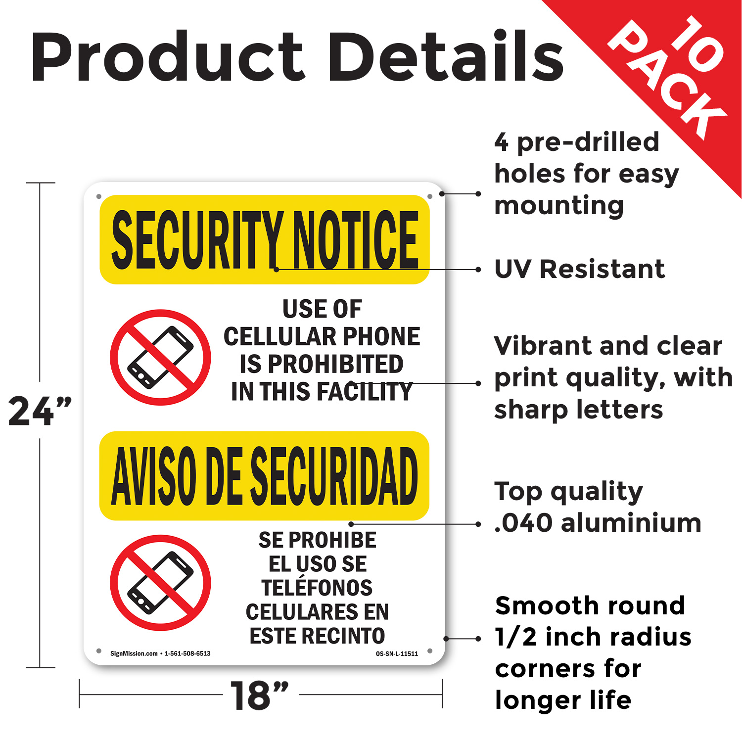 Cellular Phone Prohibited Bilingual OSHA Security Notice Sign, Decal 5/10 Pack - Picture 24 of 68