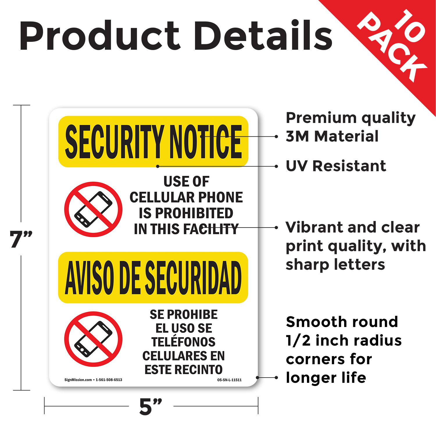 Cellular Phone Prohibited Bilingual OSHA Security Notice Sign, Decal 5/10 Pack - Picture 32 of 68
