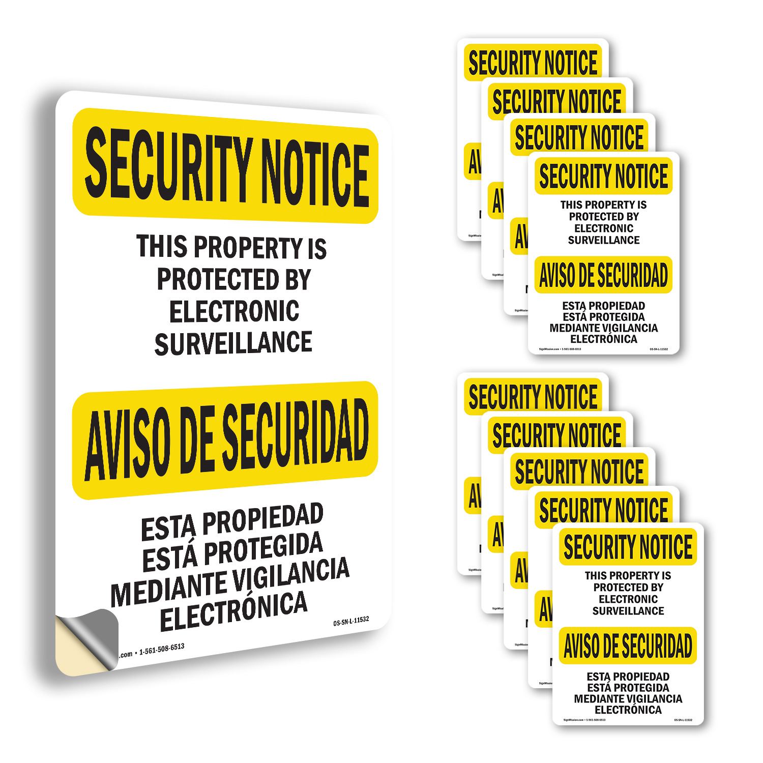 Señal de aviso de seguridad bilingüe de vigilancia electrónica OSHA, paquete de 5 o 10 calcomanías - Imagen 12 de 43