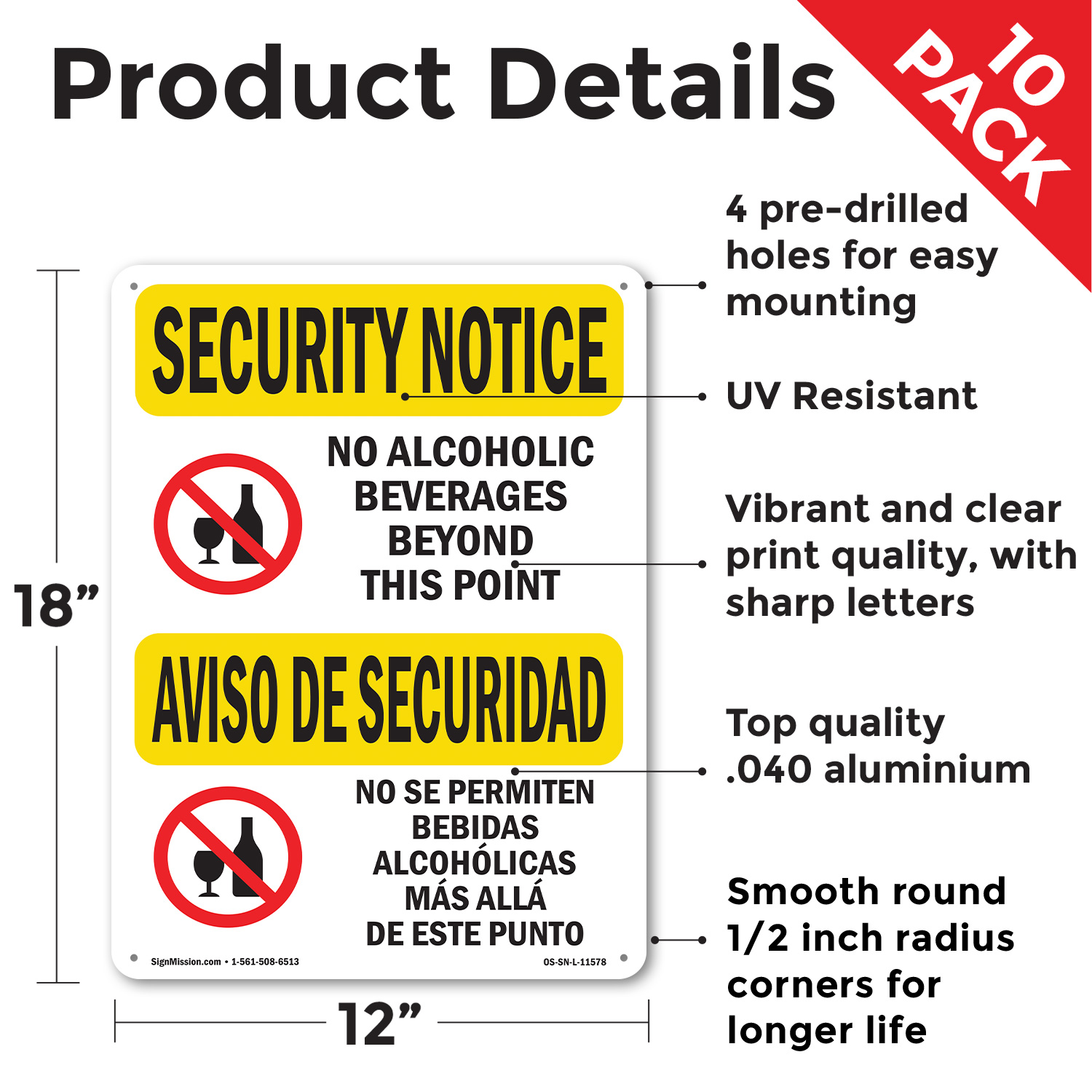 No Alcoholic Beverages Bilingual OSHA Security Notice Sign, Decal 5 or 10 Pack - Picture 10 of 43