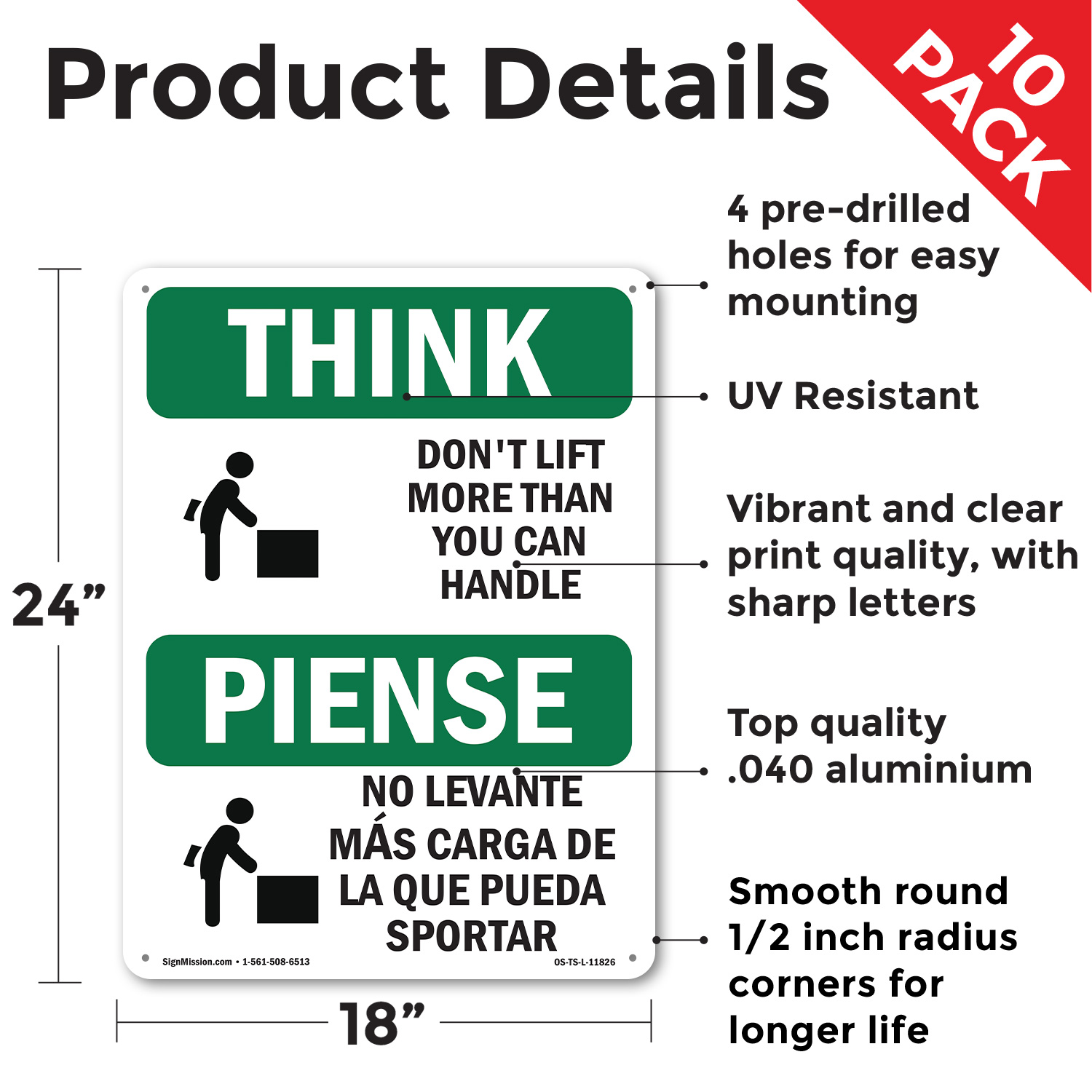 Heben Sie nicht mehr an, als Sie umgehen können zweisprachiges OSHA Think Schild, Aufkleber 5/10er Pack - Bild 11 von 43