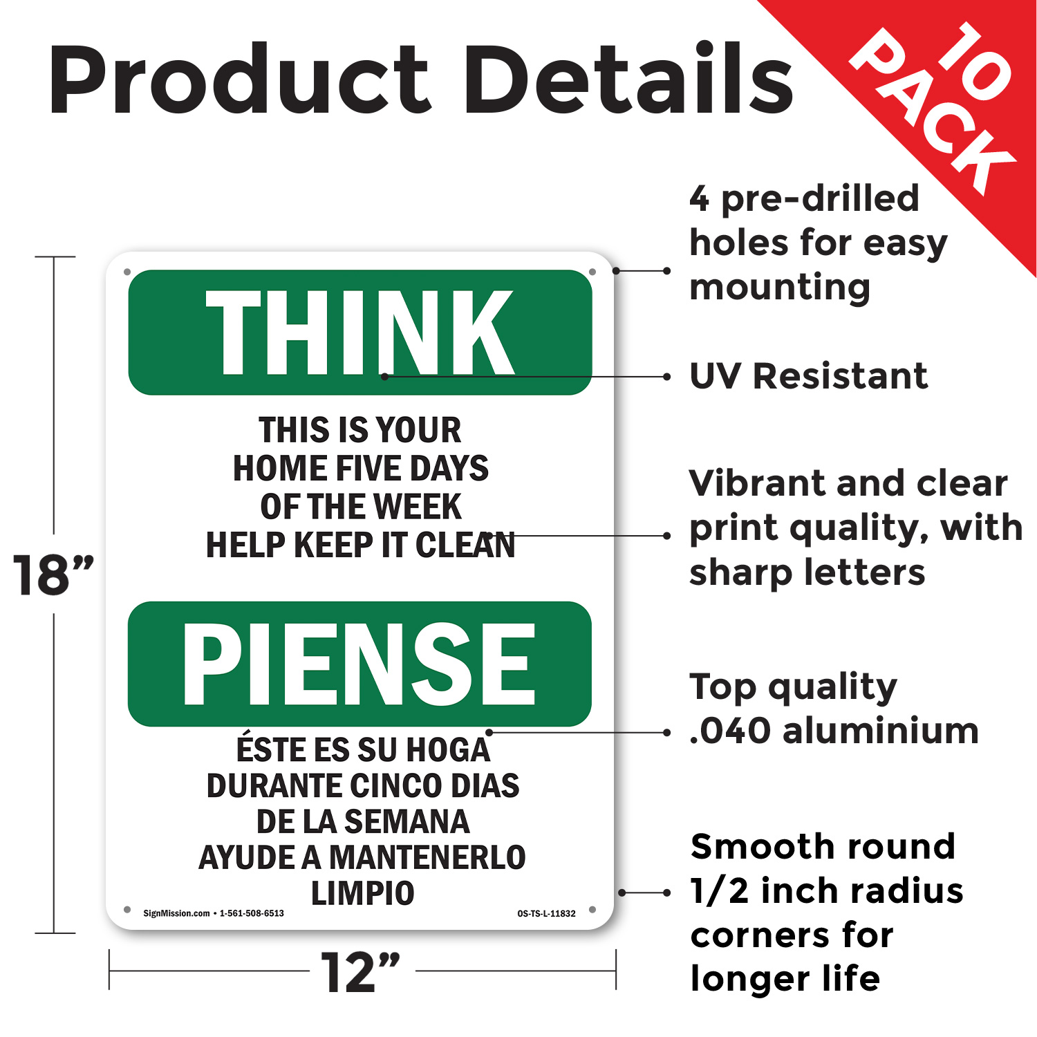 Home Five Days Help Keep It Clean Bilingual OSHA Think Sign, Decal 5 or 10 Pack - Picture 10 of 43