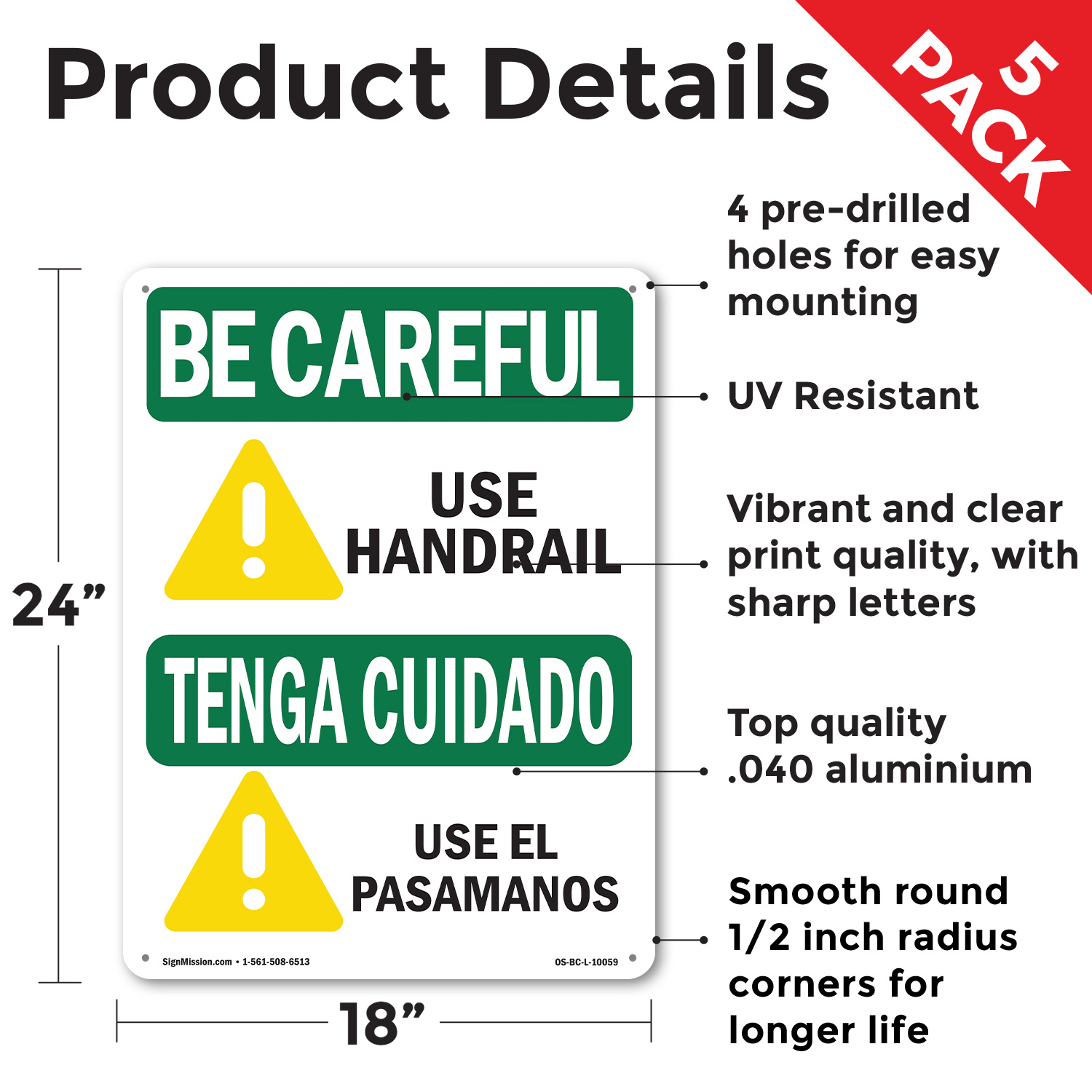 Use Handrail With Symbol Bilingual OSHA Be Careful Sign Or Decal - 5 or 10 Pack - Picture 39 of 51