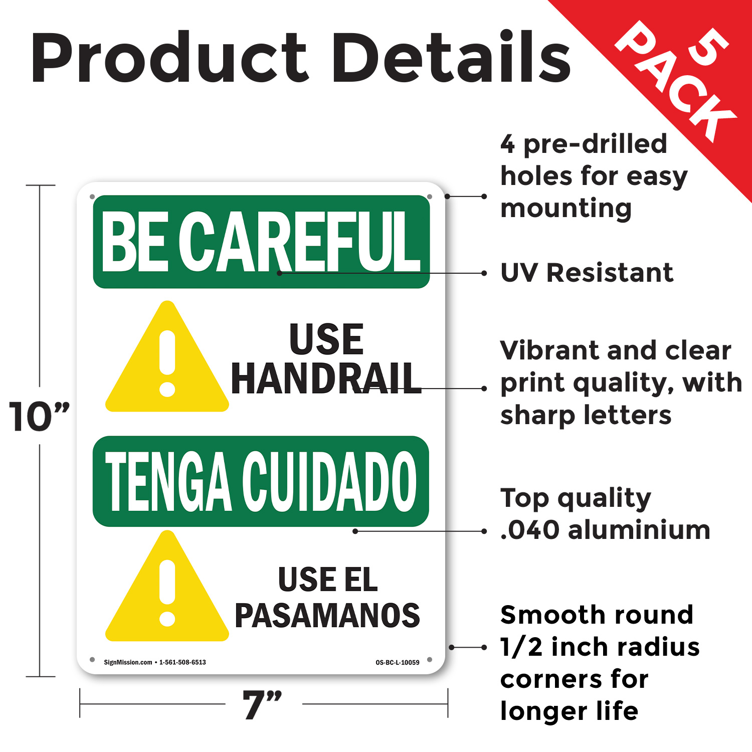 Use Handrail With Symbol Bilingual OSHA Be Careful Sign Or Decal - 5 or 10 Pack - Picture 25 of 51