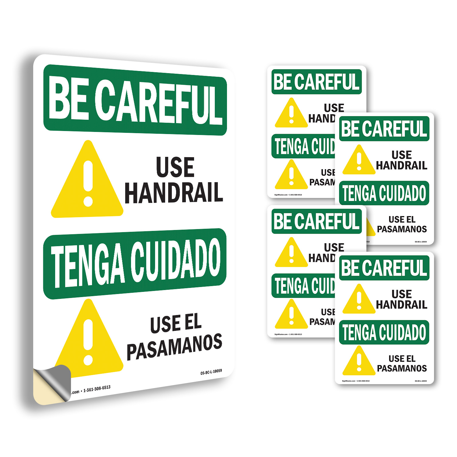 Use Handrail With Symbol Bilingual OSHA Be Careful Sign Or Decal - 5 or 10 Pack - Picture 26 of 51