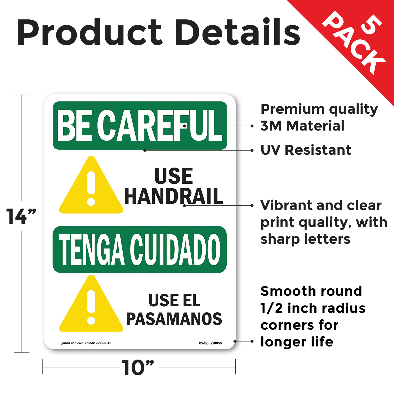 Use Handrail With Symbol Bilingual OSHA Be Careful Sign Or Decal - 5 or 10 Pack - Picture 27 of 51