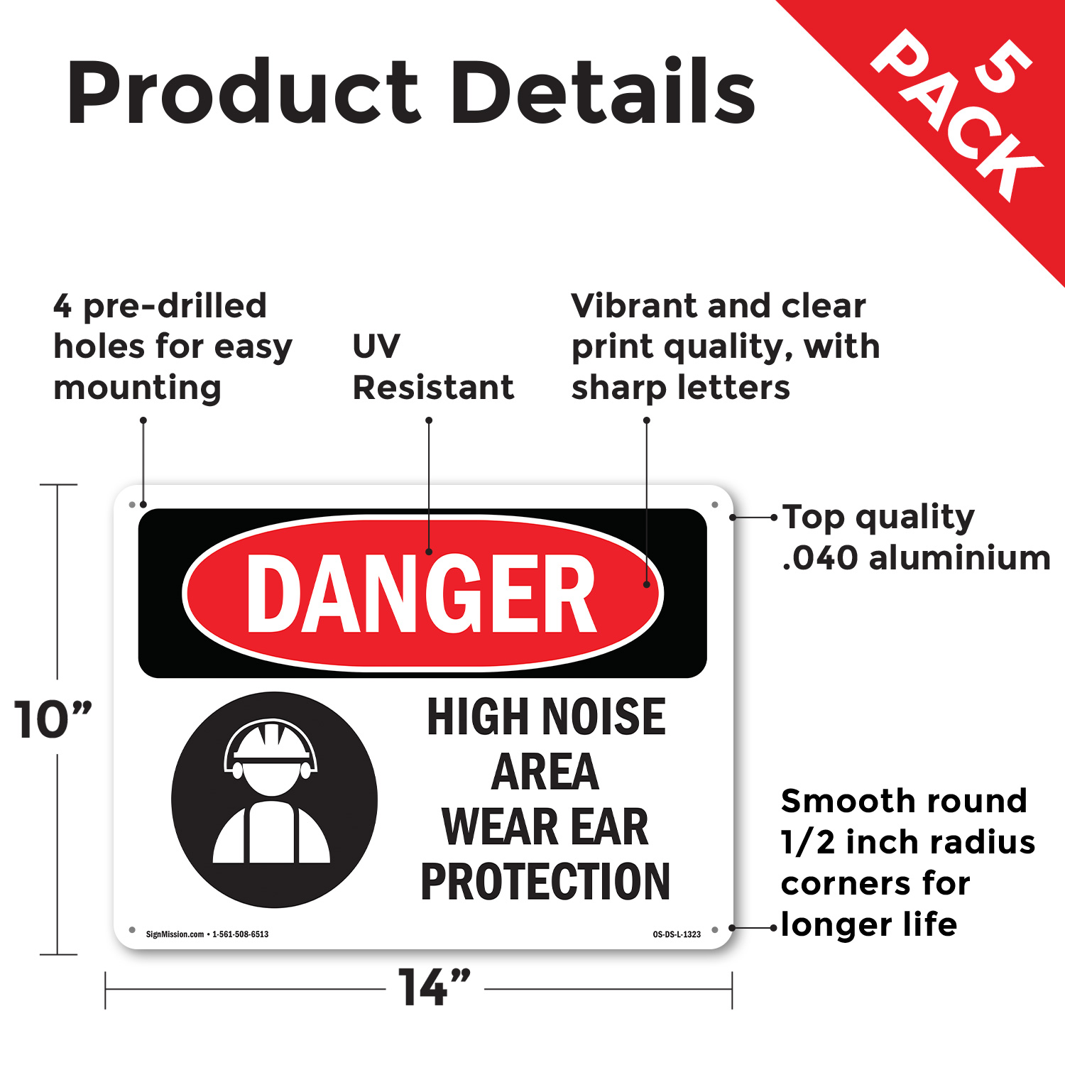 High Noise Area Wear Ear Protection OSHA Danger Sign Or Decal - 5 or 10 Pack - Picture 32 of 48