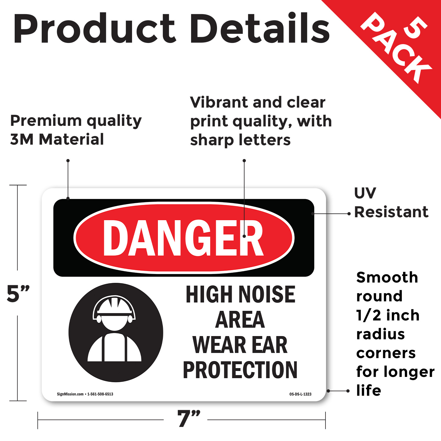 High Noise Area Wear Ear Protection OSHA Danger Sign Or Decal - 5 or 10 Pack - Picture 44 of 48