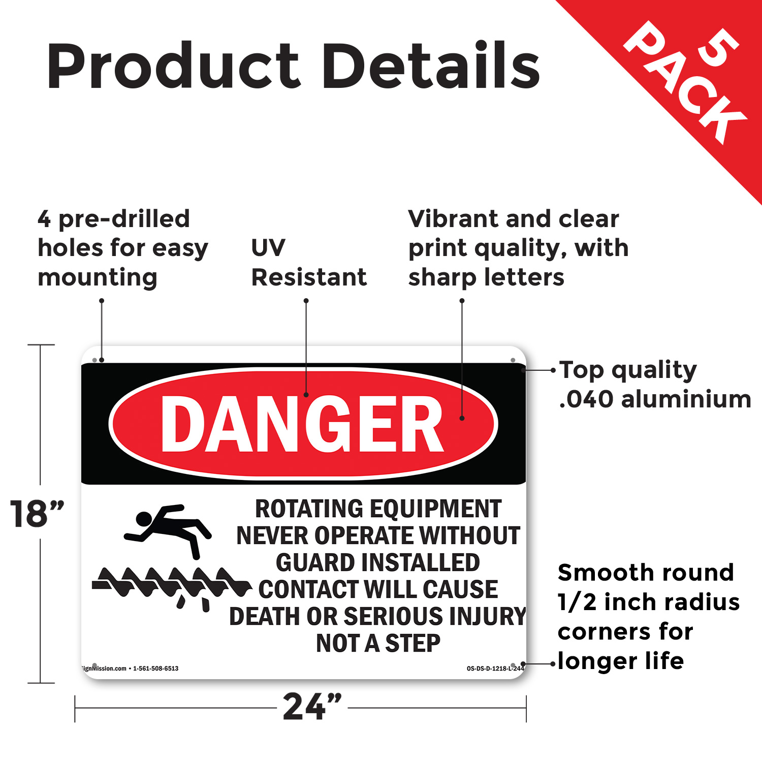 Rotating Equipment Never Operate OSHA Danger Sign Metal, Decal - 5 or 10 Pack