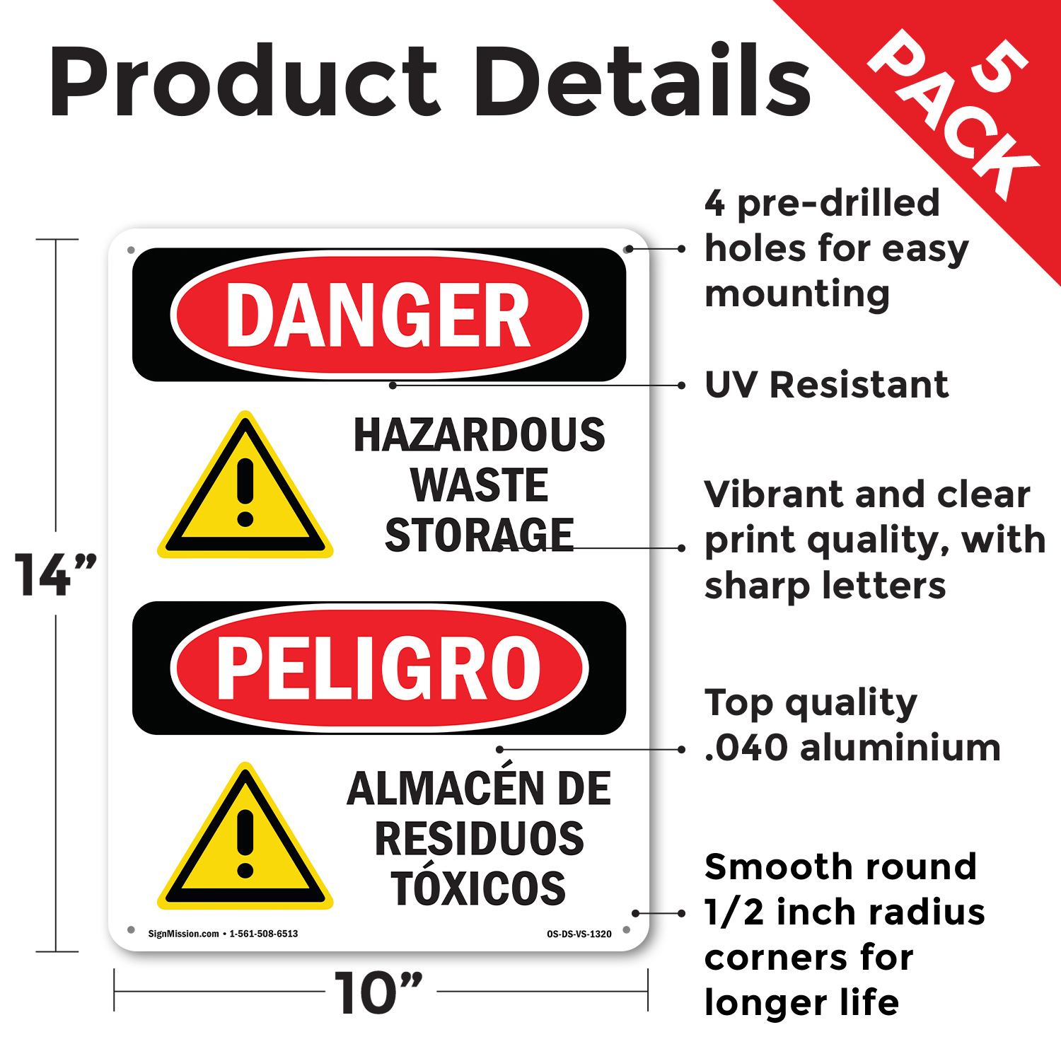 Hazardous Waste Storage Bilingual OSHA Danger Sign Metal, Decal - 5 or 10 Pack - Picture 27 of 43