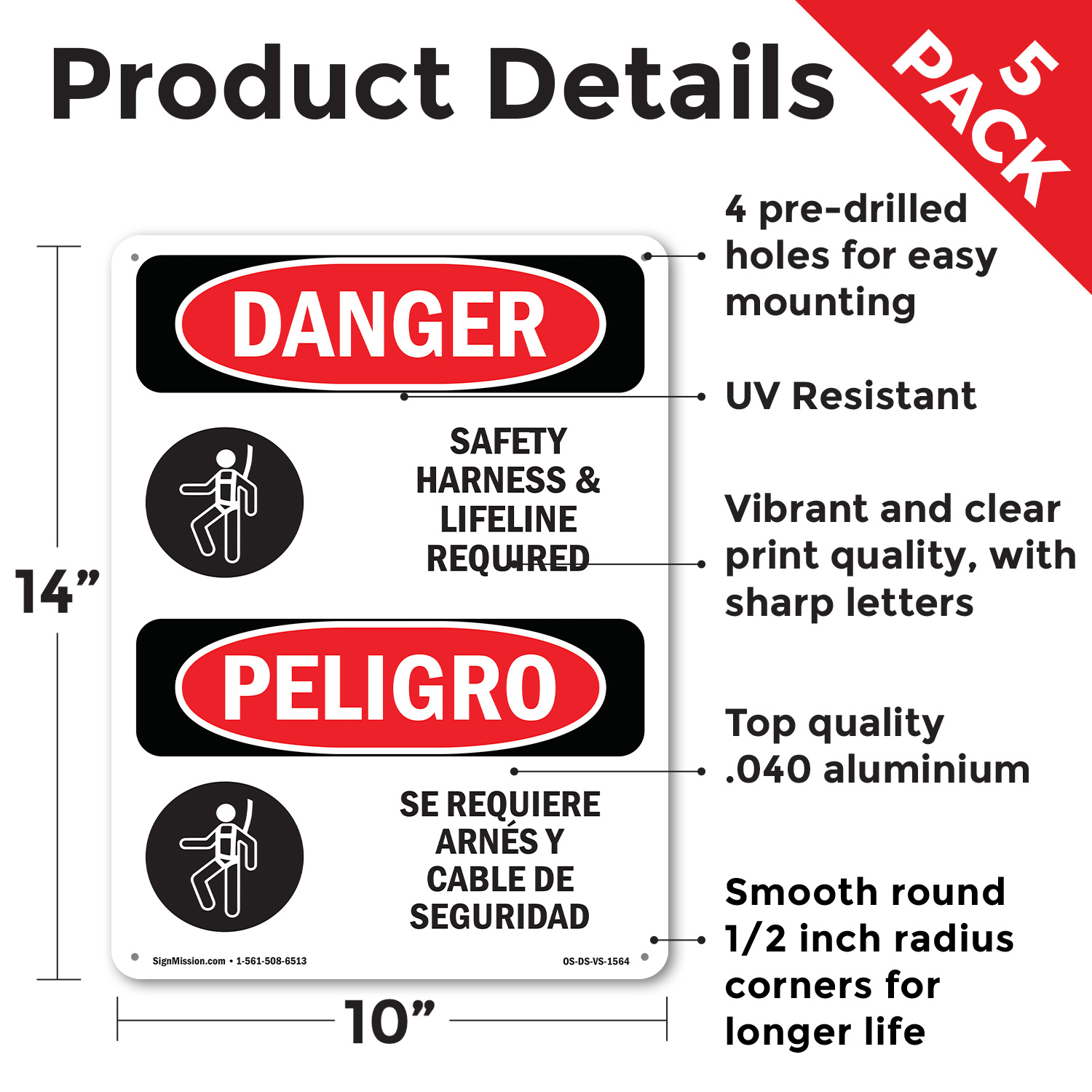 Safety Harness And Lifeline Required Bilingual OSHA Danger Sign - 5 or 10 Pack - Picture 27 of 43