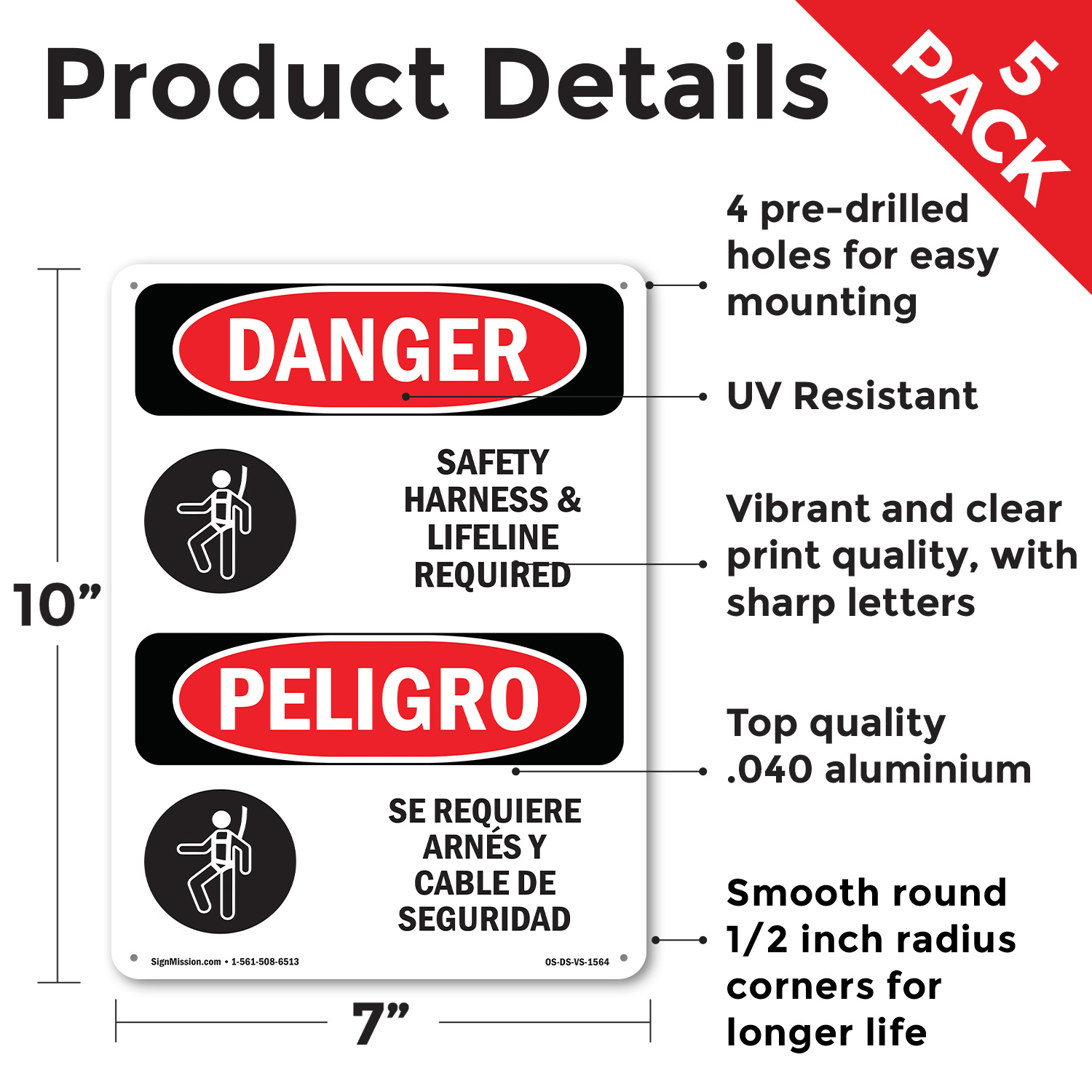 Safety Harness And Lifeline Required Bilingual OSHA Danger Sign - 5 or 10 Pack - Picture 25 of 43