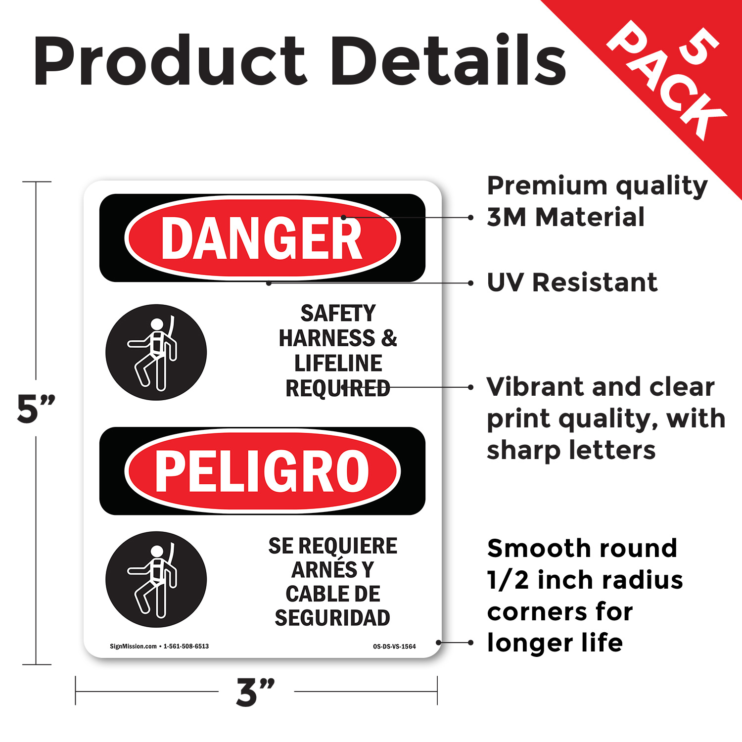 Safety Harness And Lifeline Required Bilingual OSHA Danger Sign - 5 or 10 Pack - Picture 33 of 43
