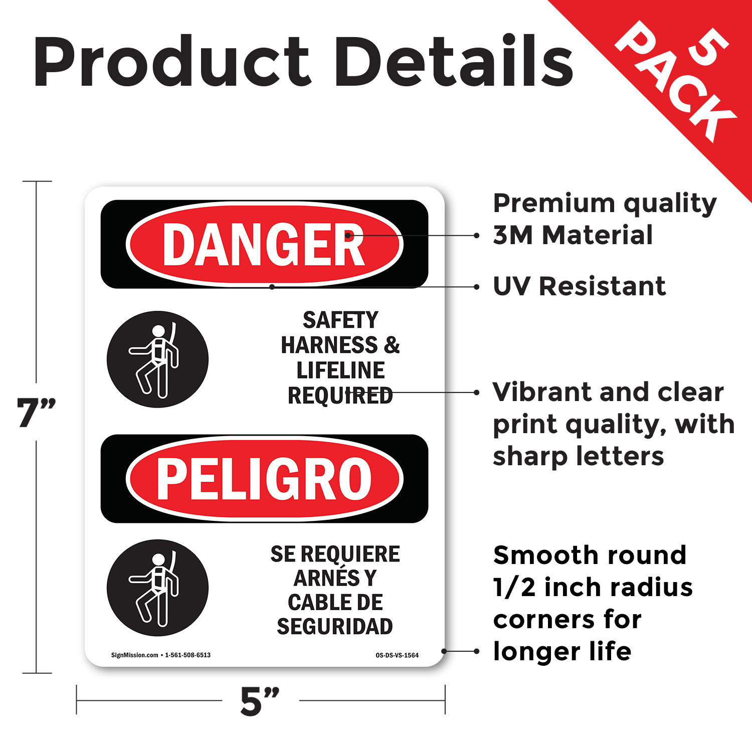 Safety Harness And Lifeline Required Bilingual OSHA Danger Sign - 5 or 10 Pack - Picture 39 of 43