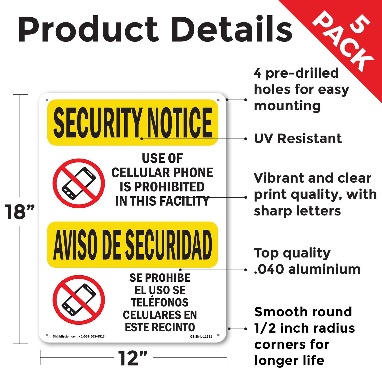Cellular Phone Prohibited Bilingual OSHA Security Notice Sign, Decal 5/10 Pack - Picture 50 of 68
