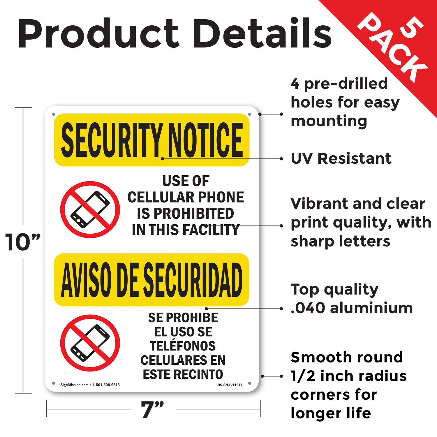 Cellular Phone Prohibited Bilingual OSHA Security Notice Sign, Decal 5/10 Pack - Picture 34 of 68