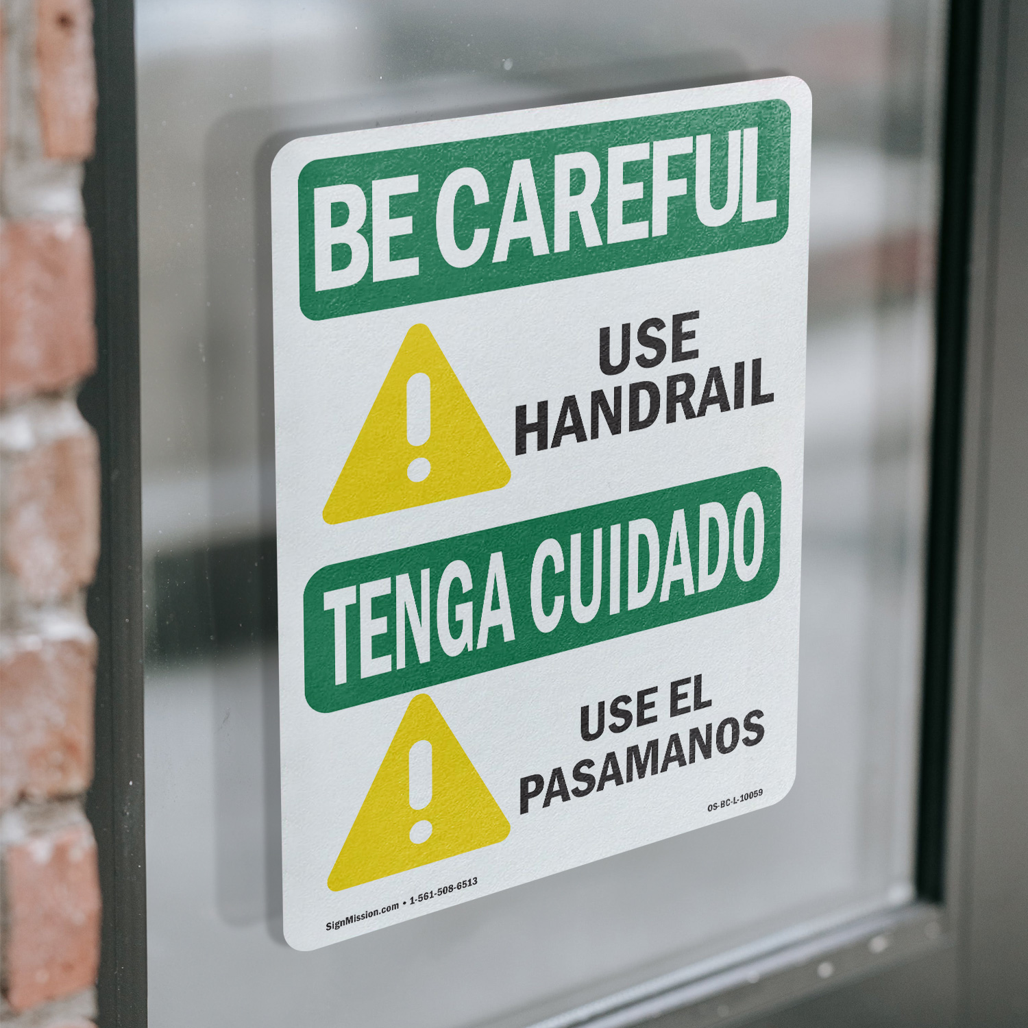 Use Handrail With Symbol Bilingual OSHA Be Careful Sign Or Decal - 5 or 10 Pack - Picture 15 of 51