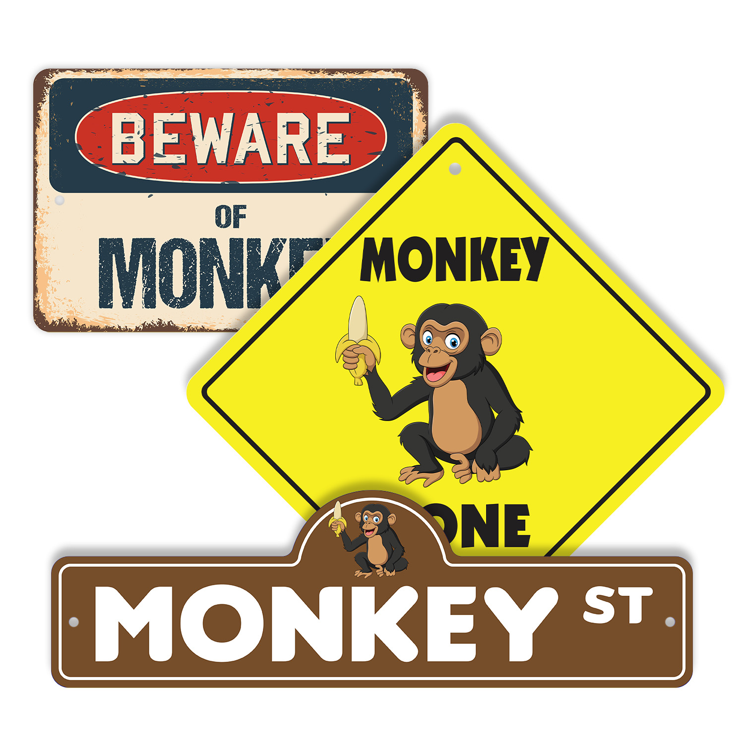 Monkey (3 Pack) Plastic Street Sign Crossing Warning Vintage
