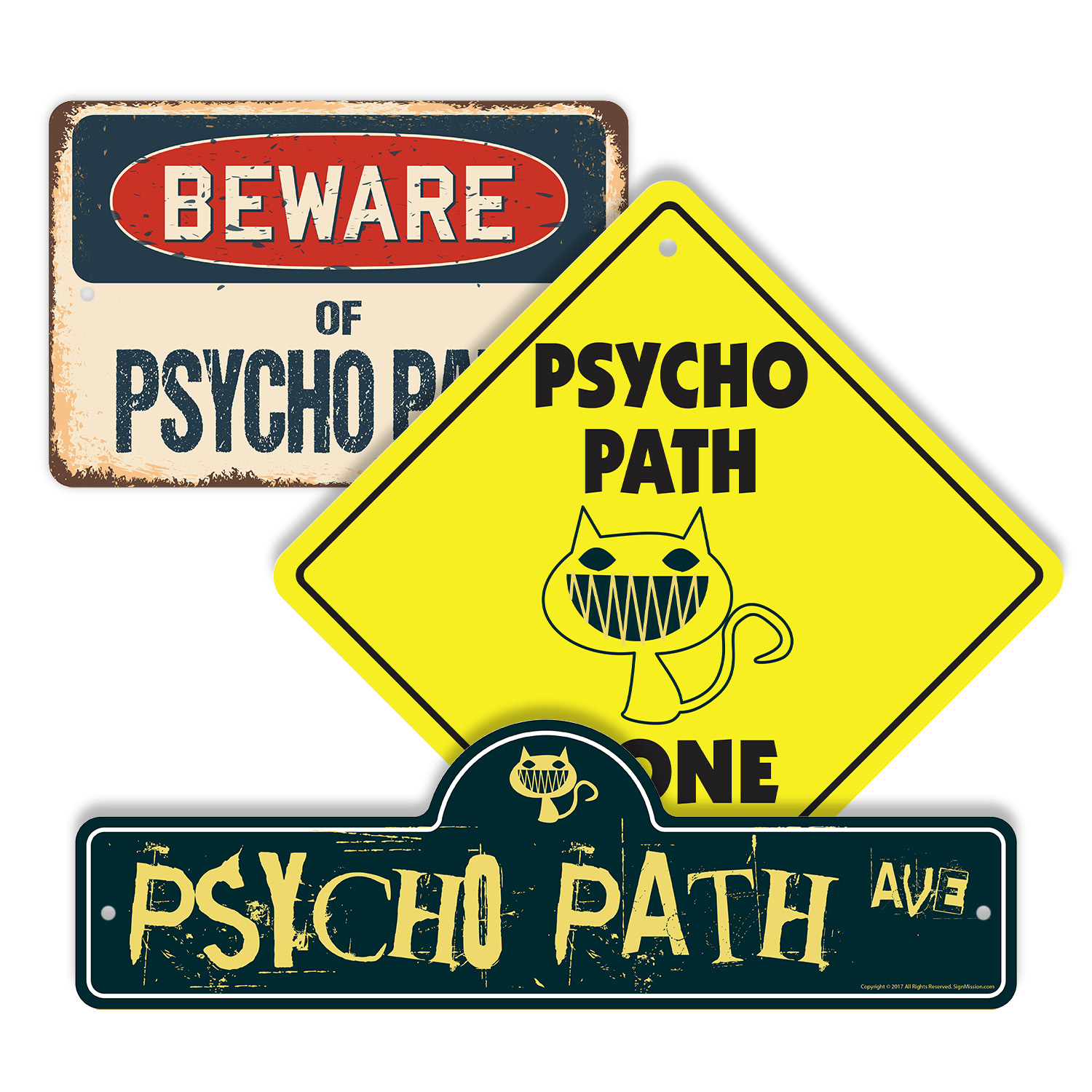 Psycho Path (3 Pack) Plastic Street Sign Crossing Warning Vintage Rustic Beware - Bild 1 von 12