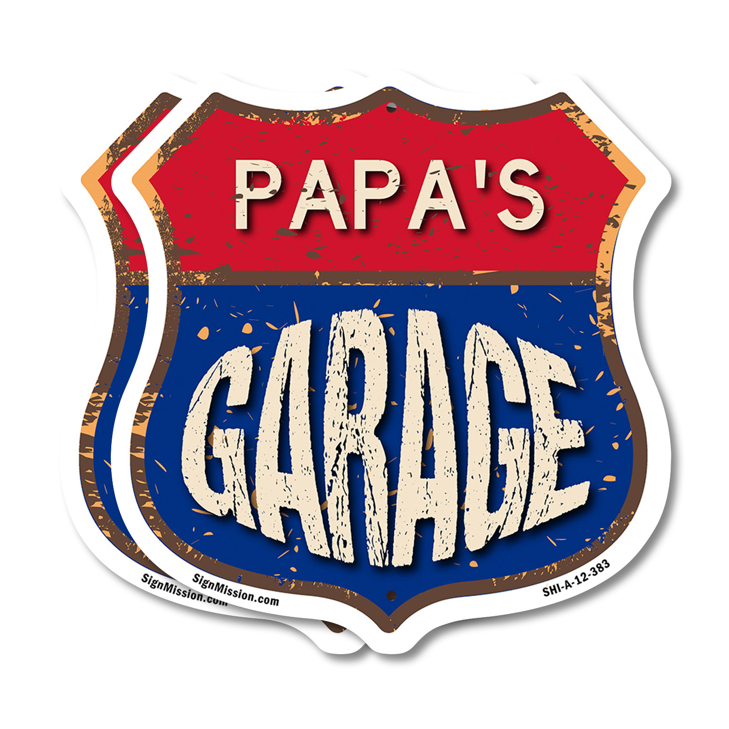 Papa’s Garage Shield Shaped Sign Weather Resistant Crafted in the USA