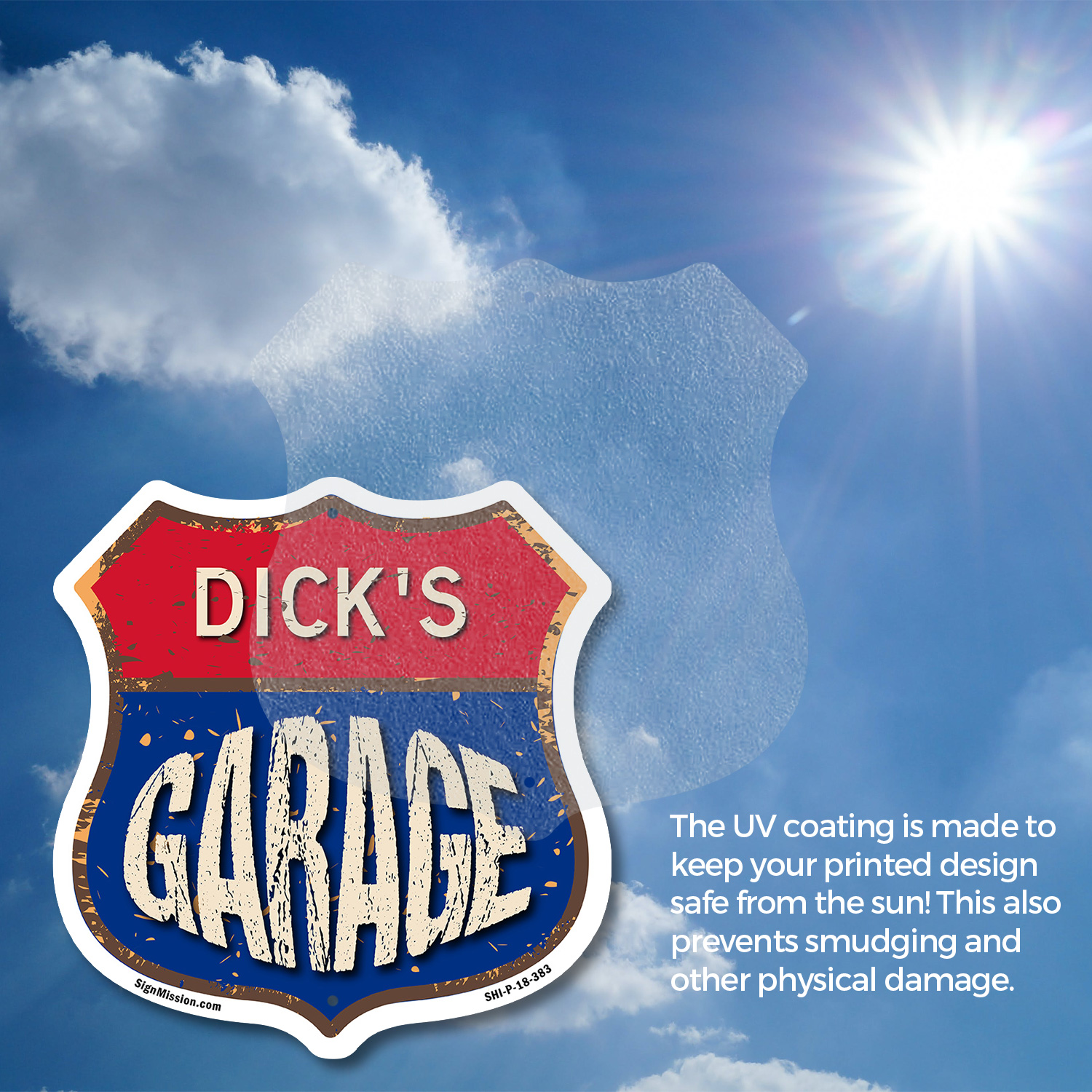 Dick's Garage Shield Shaped Sign Weather Resistant Crafted in the USA - Picture 16 of 41