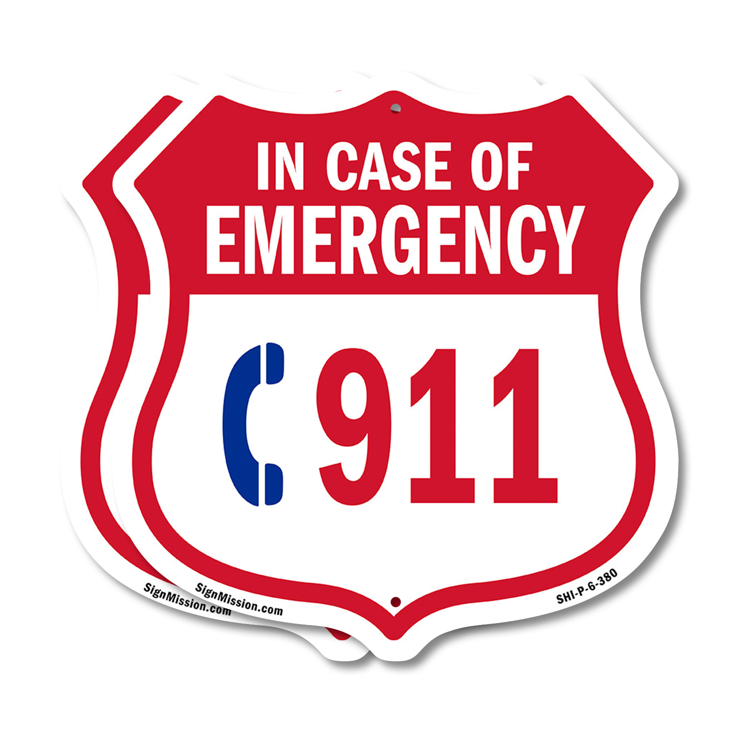 Emergency 911 Phone Shield Sign In Case Of Emergency Call 91 Shield Shaped Sign