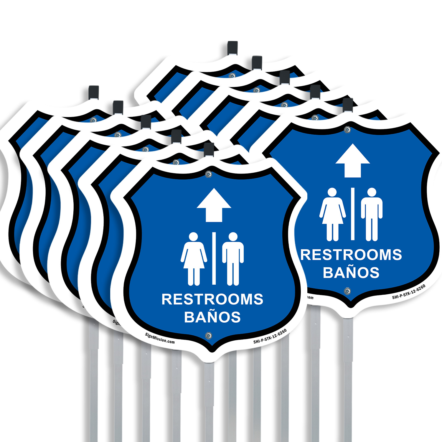 Restrooms Ba�os Up Arrow Bilingual English / Spanish Shield Sign With Stake - Picture 9 of 14