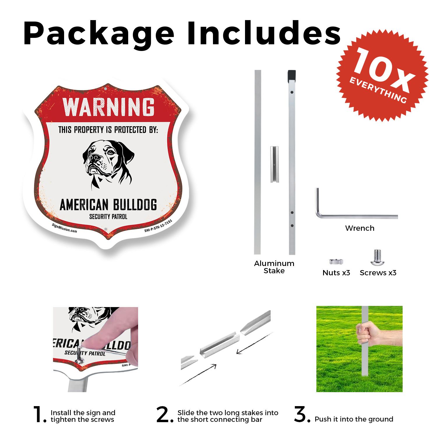 Warning Property Protected by American Bulldog Made in t Shield Sign With Stake - Picture 10 of 14