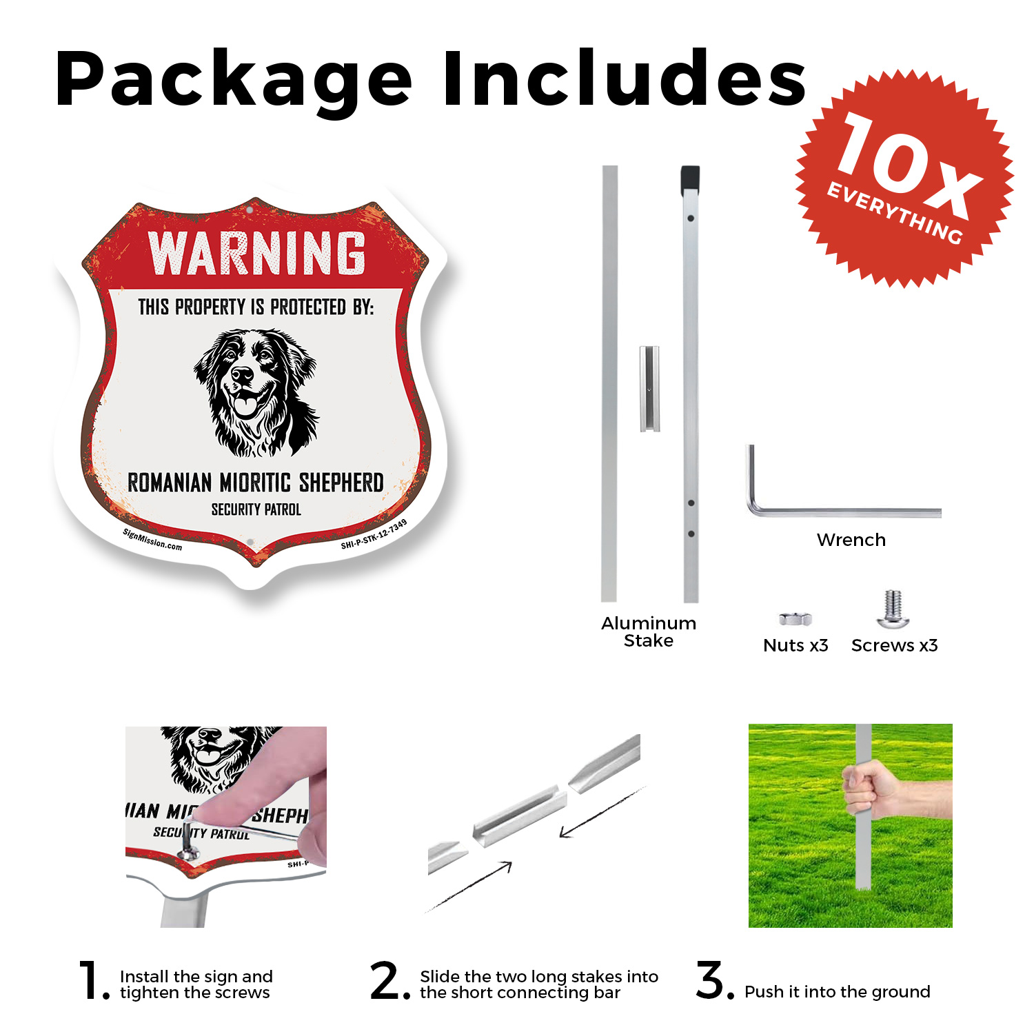 Warning Property Protected by Romanian Mioritic Shepherd Shield Sign With Stake - Picture 10 of 14