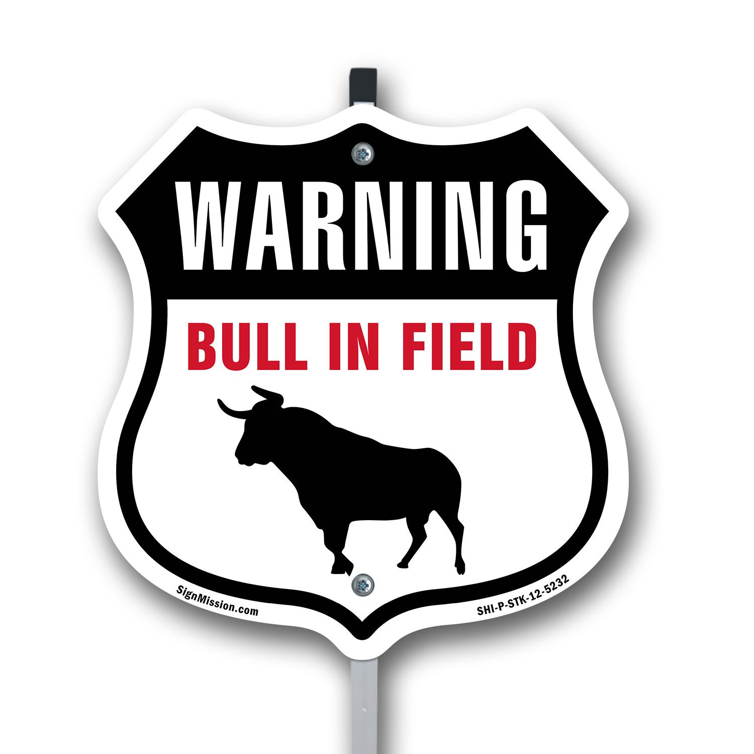 Warning Bull In Field Shield Shaped Sign With Stake Crafted in the USA - Picture 13 of 14