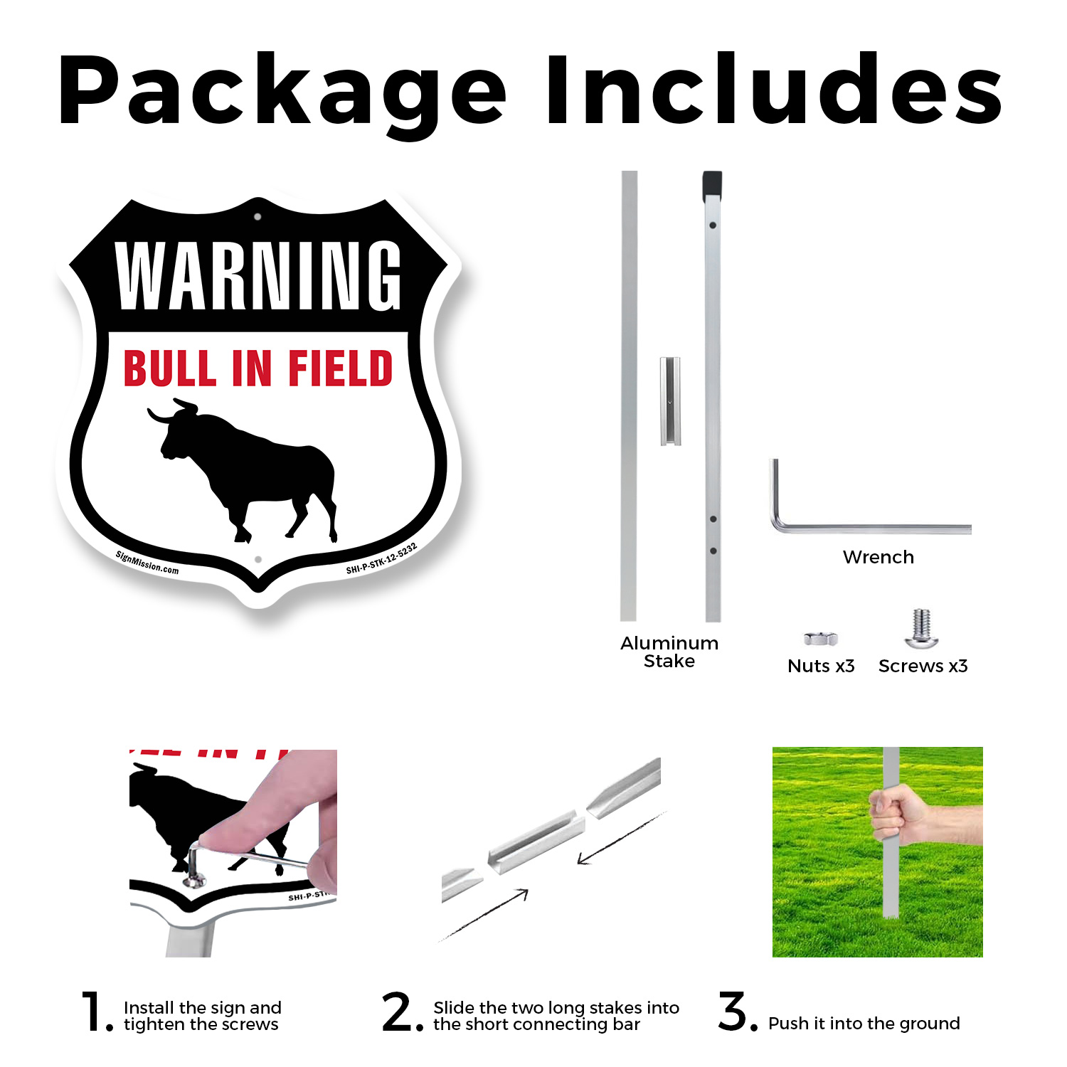 Warning Bull In Field Shield Shaped Sign With Stake Crafted in the USA - Picture 14 of 14