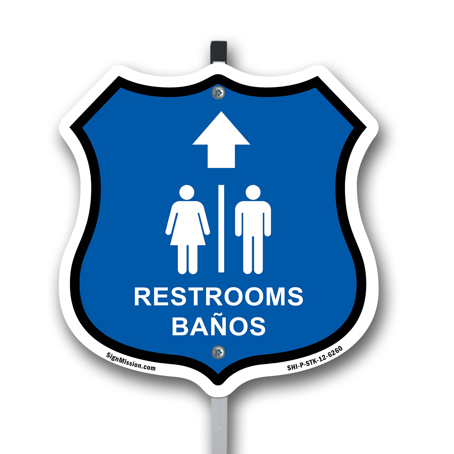 Restrooms Ba�os Up Arrow Bilingual English / Spanish Shield Sign With Stake - Picture 13 of 14
