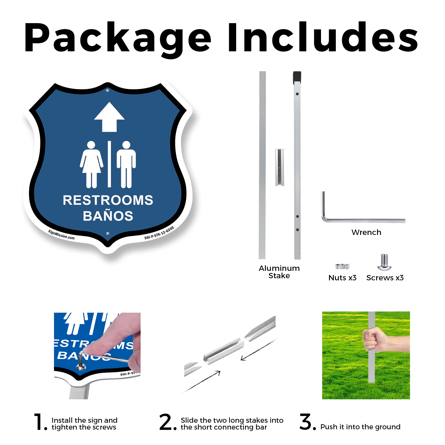Restrooms Ba�os Up Arrow Bilingual English / Spanish Shield Sign With Stake - Picture 14 of 14