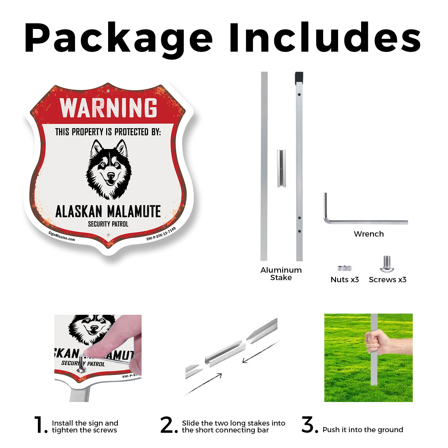Warning Property Protected by Alaskan Malamute Made in t Shield Sign With Stake - Picture 14 of 14