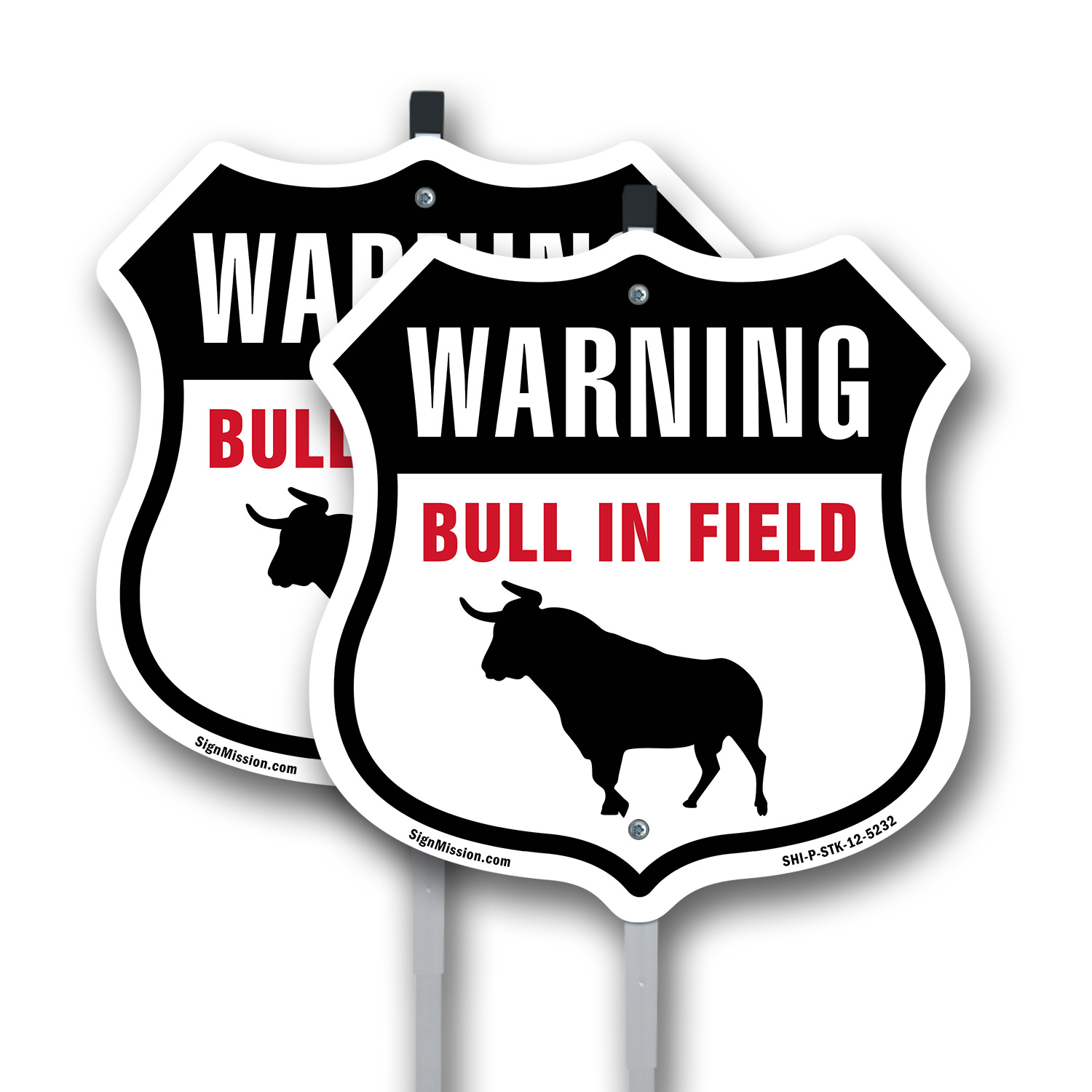 Warning Bull In Field Shield Shaped Sign With Stake Crafted in the USA - Picture 9 of 14